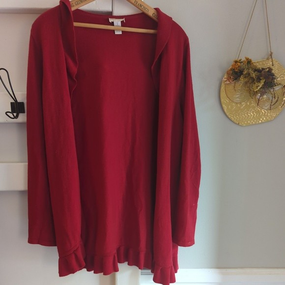 Chico's Women's Long Sleeve Top Size 1 Red Ruffle Open Wrap Drape Shawl Stretch - Picture 2 of 8